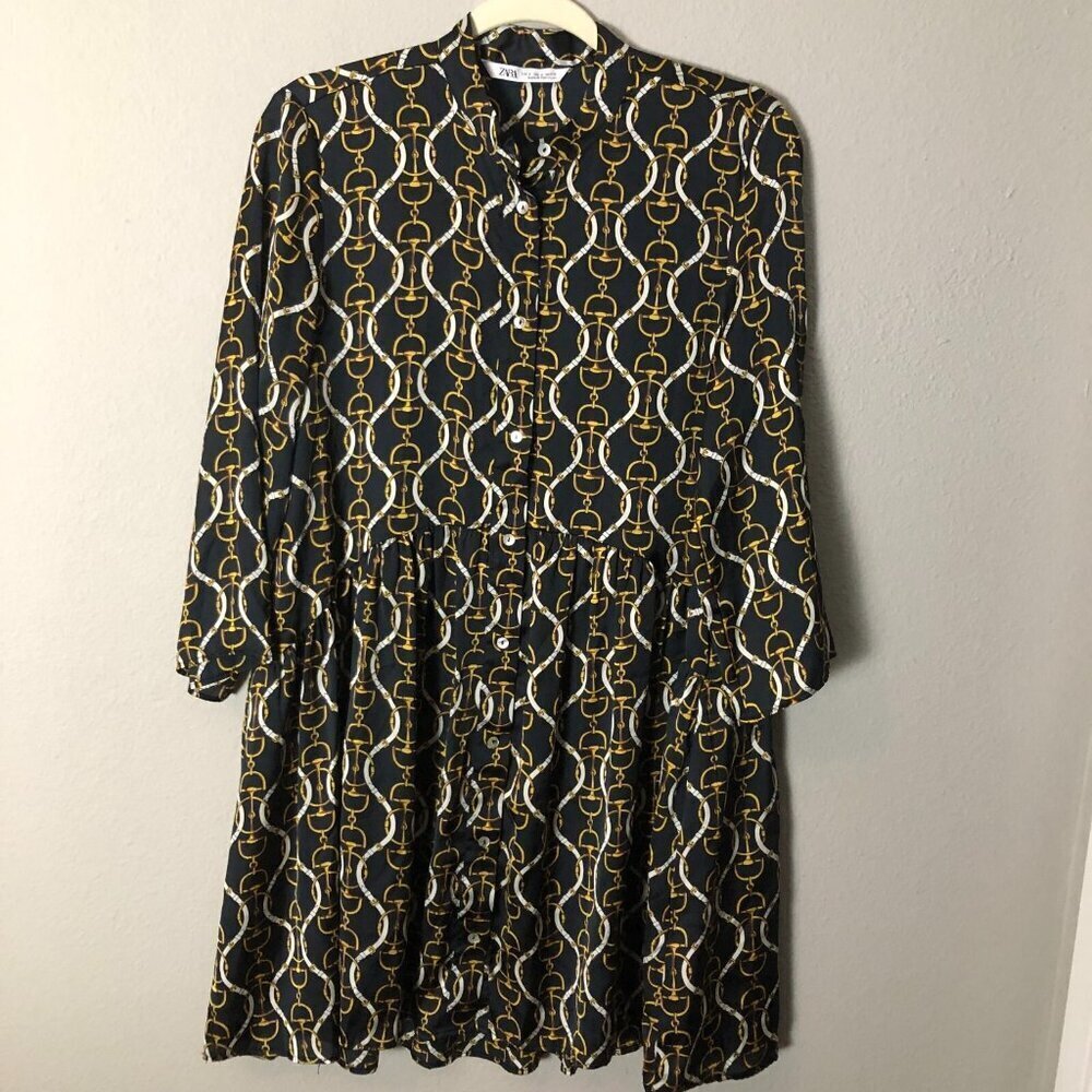 ZARA Equestrian Drop Waist Dress Top Women's size S Black Gold Horse Bit NEW - Picture 3 of 11